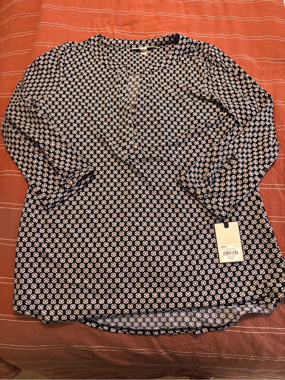 Dana Buchman Black, Tan and White 3/4 Sleeve Blouse
